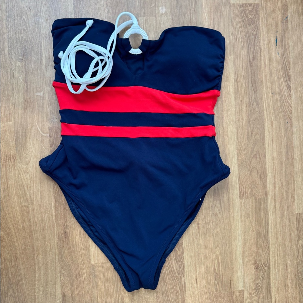 Robin Piccone Navy Stripe Halter One Piece Bandeau Babe Swimsuit - Picture 4 of 7